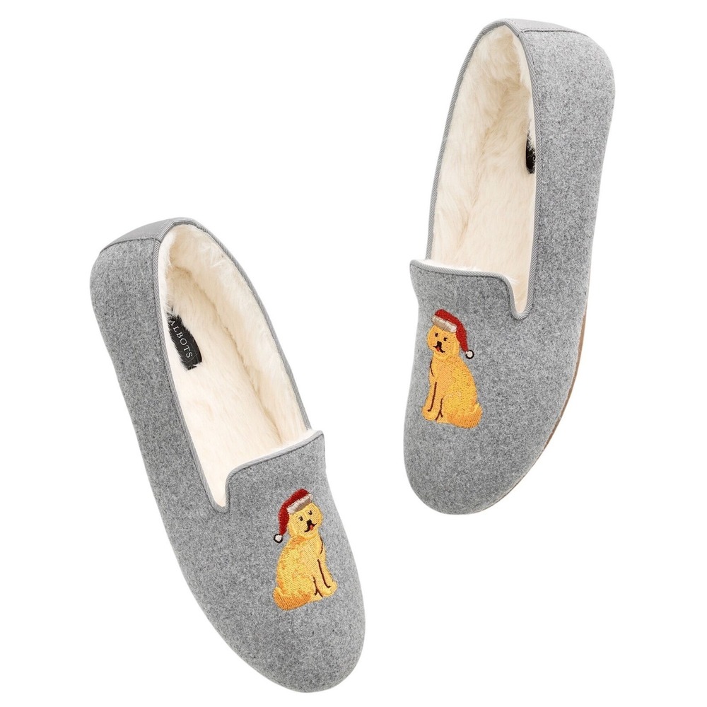 Talbots Womens Gray Felt Santa Dog Slippers Golden Retriever Faux Fur Lined 7M